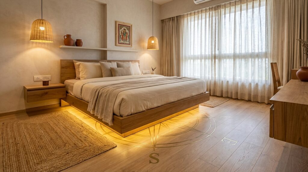 “bedroom vastu tips for better sleep with south-facing bed placement and warm lighting”