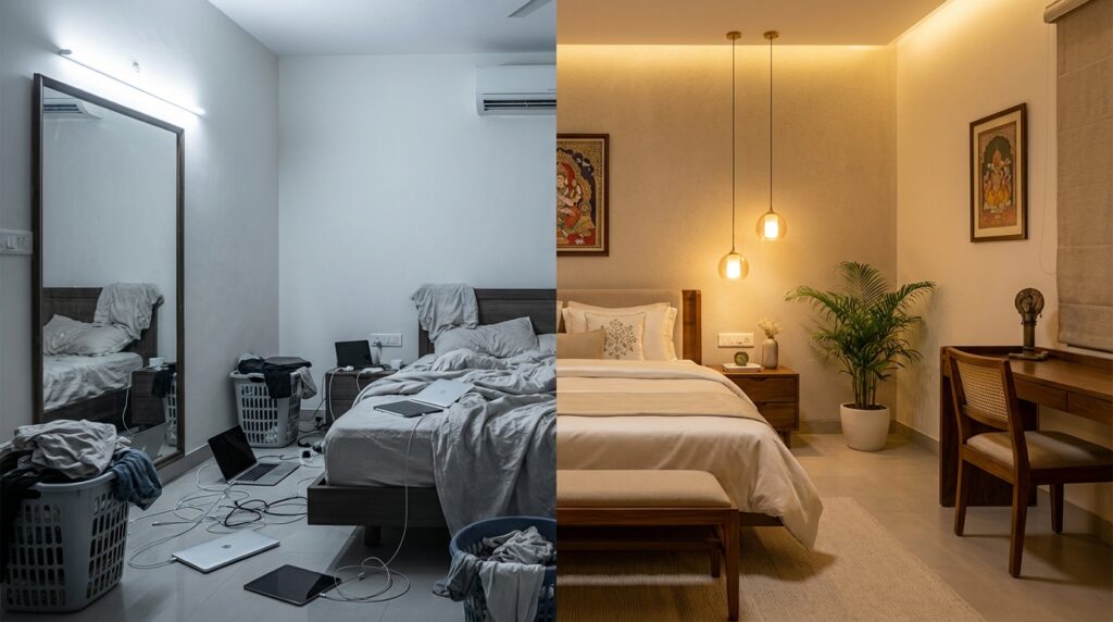 Cluttered vs organized bedroom comparison: left side shows a messy room with tangled wires, laundry, and harsh lighting; right side shows a clean, well-lit, minimalist bedroom with warm lighting, plants, and neatly arranged furniture.