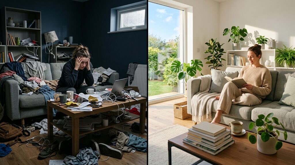 Prompt:
“A split scene of a modern home interior, left side cluttered, dark, messy with blocked spaces and dull lighting showing stress and discomfort, right side clean, well-organized, bright with sunlight, plants, and warm lighting showing peace and calm, realistic style