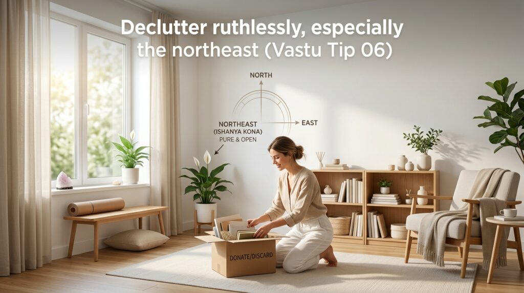 A bright and minimalist living room with natural sunlight, indoor plants, wooden furniture, and neutral decor. A woman kneels on a rug while sorting items into a donation box, representing decluttering. Wall graphics show north, east, and northeast directions with a Vastu message about keeping the northeast area pure and open. Clean, peaceful, and organized home interior.