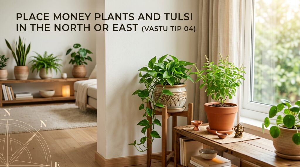 A bright and peaceful home corner with money plant and tulsi plant placed in the north-east direction, arranged in decorative pots near a window with natural sunlight, representing the Vastu tip of placing plants in the north or east for positive energy.