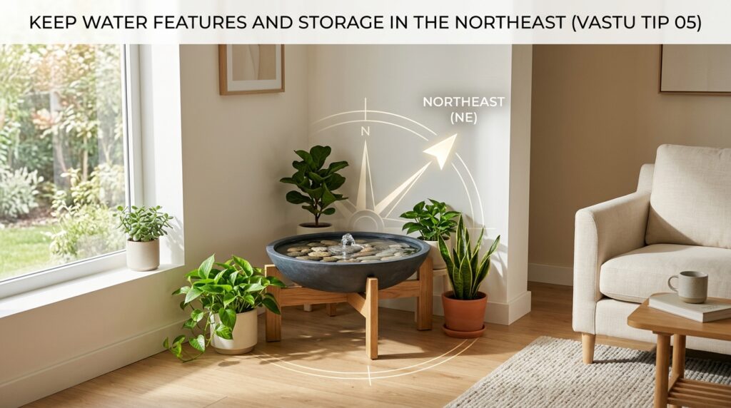 A calm and modern home interior featuring a small water fountain placed in the northeast corner, with clean flowing water, soft natural lighting, and minimal decor, representing the Vastu tip of keeping water features and storage in the northeast for positive energy.