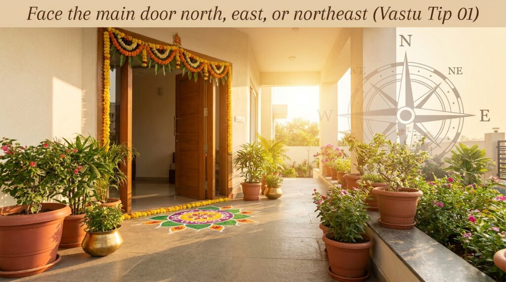 A well-lit Indian home entrance decorated with marigold garlands and rangoli, featuring a wooden main door opening into a bright interior, surrounded by potted plants and warm sunlight, with a compass overlay showing north, east, and northeast directions and the text “Face the main door north, east, or northeast (Vastu Tip 01)” at the top.