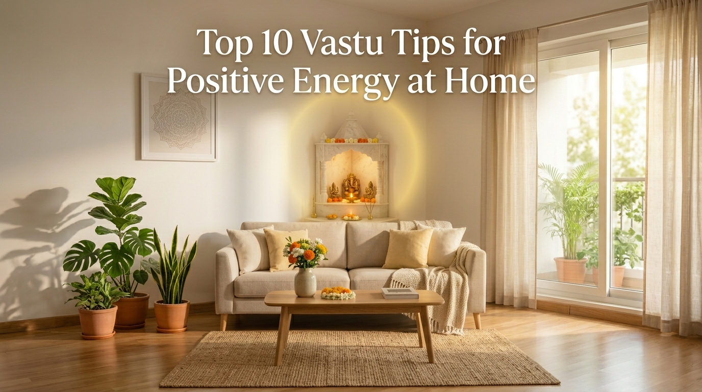 A bright, peaceful living room with warm sunlight, indoor plants, a beige sofa, and a small home temple (mandir) glowing with a diya, symbolizing calm and positive energy, with the title “Top 10 Vastu Tips for Positive Energy at Home” displayed at the top.