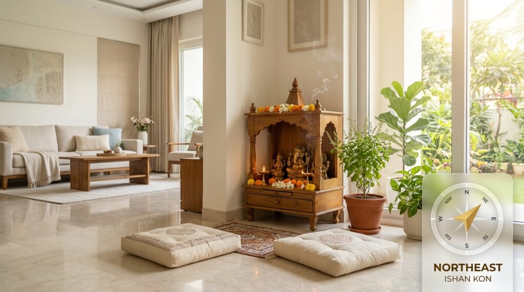 Modern Vastu-compliant home interior showing a dedicated prayer and meditation corner placed in the northeast direction. The space is calm and minimal, with a small mandir setup, soft natural light, indoor plants, and cushions for meditation, creating a peaceful and spiritual atmosphere.
