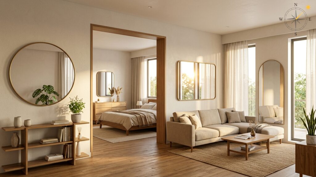 Modern Vastu-compliant home interior showing mirrors placed only on north and east walls. The bright, minimalist room reflects natural light from east-facing windows, emphasizing proper directional placement and a balanced, harmonious living space.