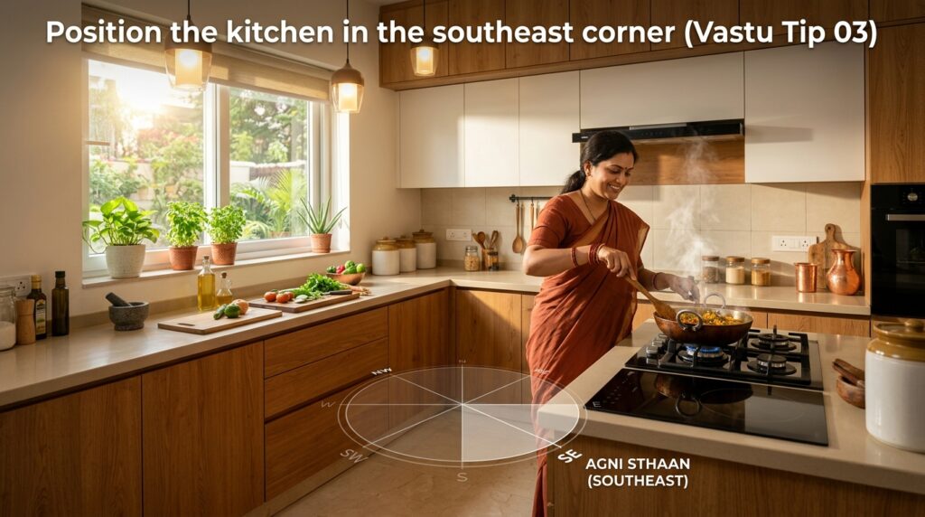 A bright and modern kitchen designed with Vastu principles, shown in a southeast corner layout, featuring a clean cooking area with a stove, wooden cabinets, and warm sunlight coming through a window, with a person cooking inside a well-organized and aesthetically pleasing space.