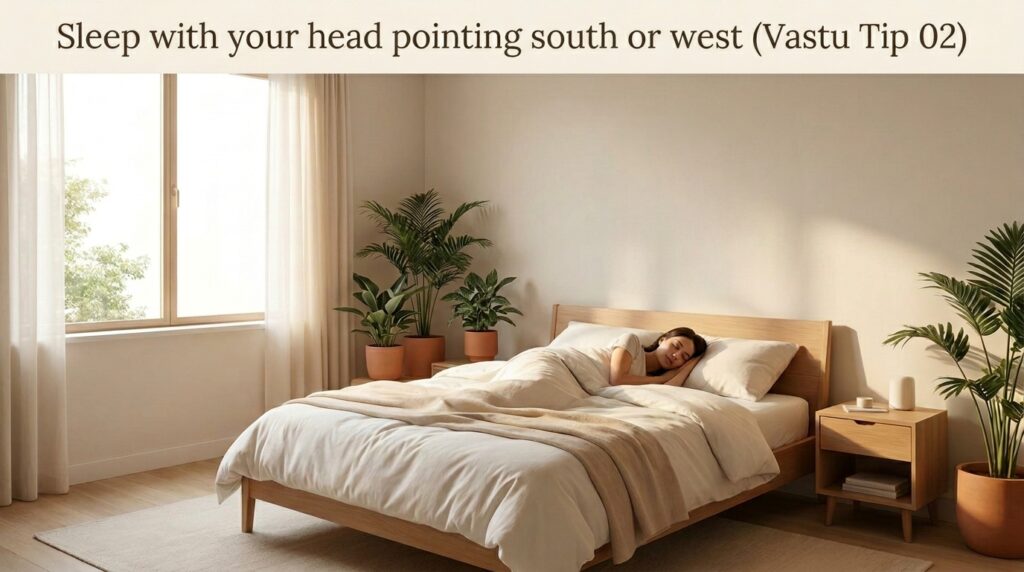 A calm and minimal modern bedroom with soft natural lighting, a neatly made bed in beige and white tones, and a person sleeping peacefully with their head positioned toward one side, surrounded by indoor plants and wooden furniture, illustrating the Vastu tip about sleeping with the head pointing south or west.