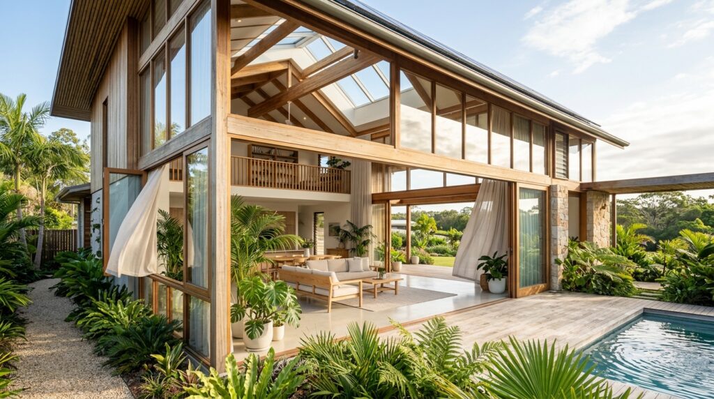 Modern sustainable home interior with large floor-to-ceiling windows and skylights designed to maximize natural light and cross-ventilation. Open living space with minimal furniture, indoor plants, and sunlight streaming in, creating a bright, airy, and well-ventilated environment.