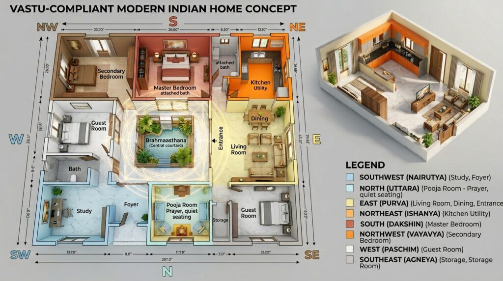 Modern Indian home layout based on Vastu Shastra showing rooms color-coded by direction—north in light blue, east in yellow, south in red/terracotta, west in white/grey, and other zones in complementary shades. The design includes a compass overlay and a clean, modern interior architecture style illustrating balanced spatial planning.